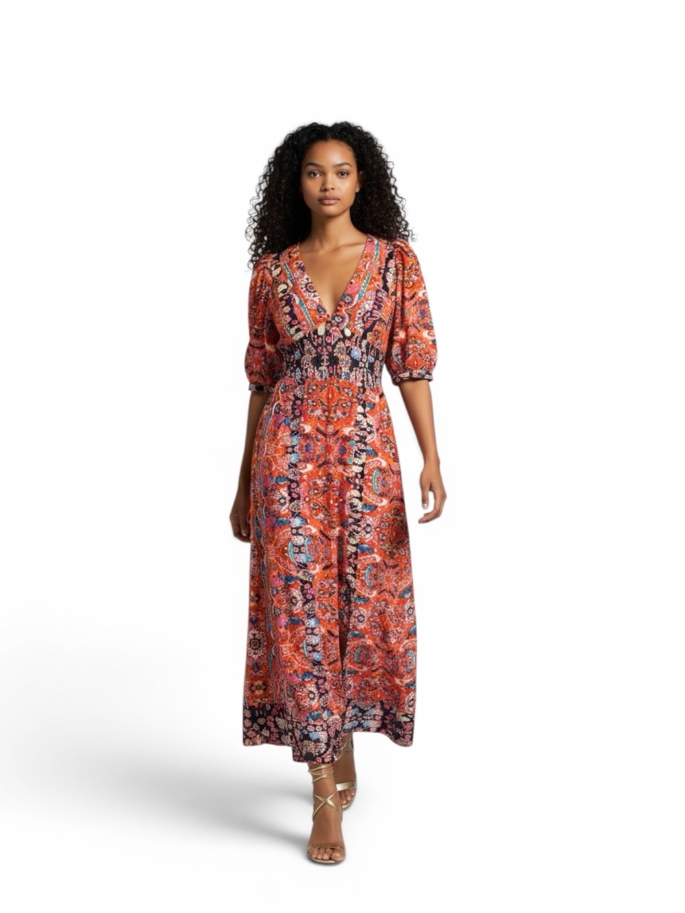 Anthro Boho Midi Dress Orange Paisley Print V-Neck Puff Sleeve Empire Waist 0